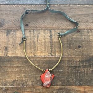 Anthropologie Red Stone and Crystal Necklace with Brass Accents.